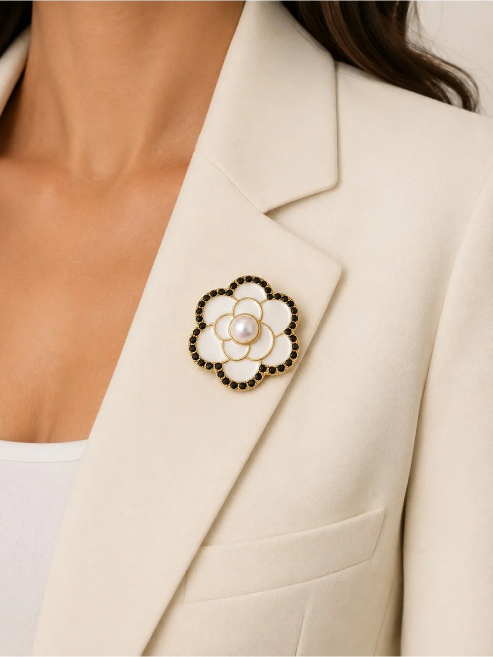 Pearl & Black Crystal Floral Brooch - Women Jewelry